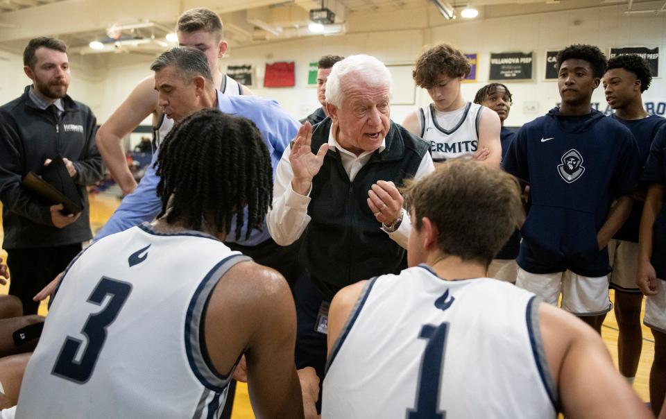 St. Augustine boys basketball coach Paul Rodio, center, instructs his players during the game between St. Augustine and Eastside played at St. Augustine Prep in Richland on Tuesday, January 3, 2023.  