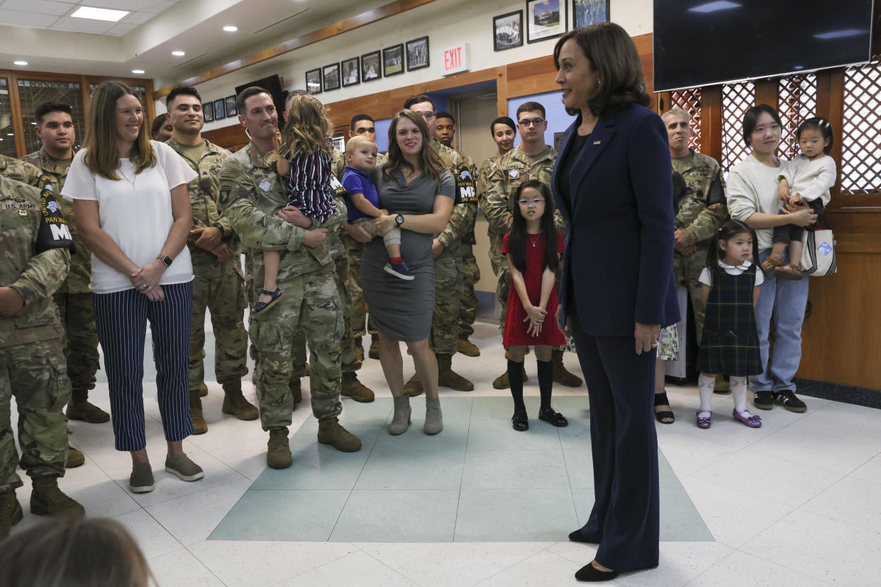 U.S. Vice President Kamala Harris greets soldiers at Camp Bonifas as she visits the demilitarized zone (DMZ) separating the two Koreas, in Panmunjom, South Korea Thursday, Sept. 29, 2022. (Leah Millis/Pool Photo via AP)