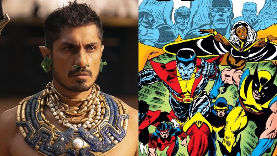 On the left, Tenoch Huerta in Black Panther: Wakanda Forever. On the right, several characters from the cover of Giant Size X-Men #1.