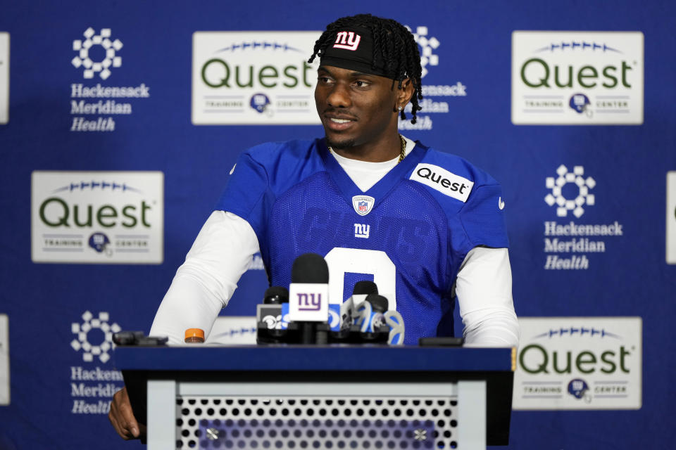 Wide receiver Malik Nabers speaks at a press conference during the NFL football team's rookie minicamp at Quest Diagnostics Training Center, Friday, May 10, 2024, in East Rutherford, N.J. (AP Photo/Julia Nikhinson)