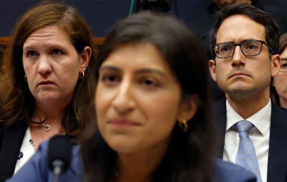 Federal Trade Commission Commissioners Rebecca Kelly Slaughter (L) and Alvaro Bedoya (R) sit behind FTC Chair Lina Khan as she testifies before the House Judiciary Committee on July 13, 2023. <span class="copyright">Chip Somodevilla/Getty Image</span>