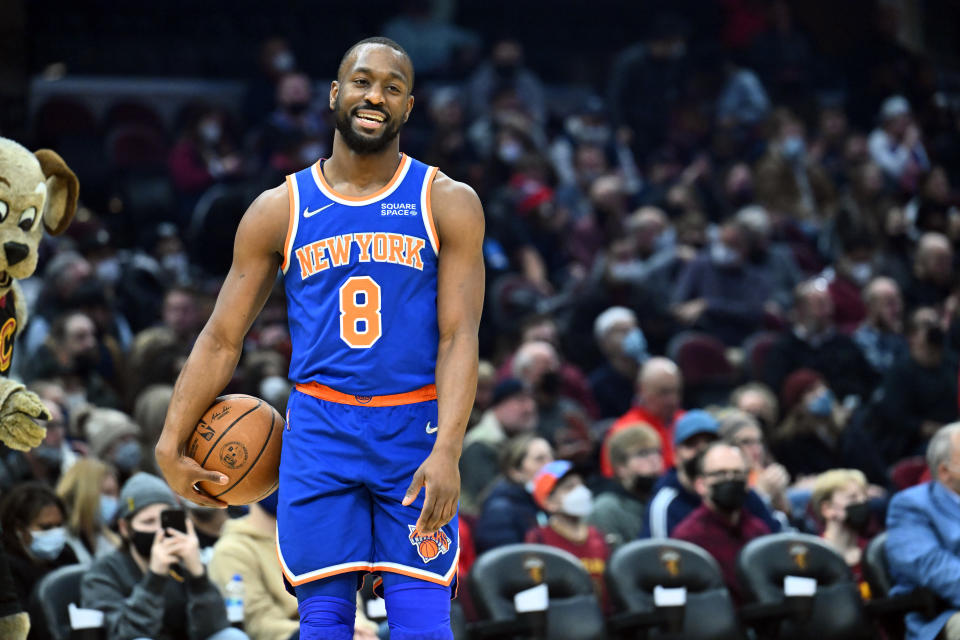 CLEVELAND, OHIO - JANUARY 24: Kemba Walker #8 of the New York Knicks reacts during the first quarter against the Cleveland Cavaliers at Rocket Mortgage Fieldhouse on January 24, 2022 in Cleveland, Ohio. NOTE TO USER: User expressly acknowledges and agrees that, by downloading and/or using this photograph, user is consenting to the terms and conditions of the Getty Images License Agreement. (Photo by Jason Miller/Getty Images)