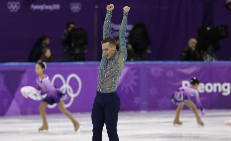 Adam Rippon of the United States reacts following his performance in the men’s free figure skating final in the Gangneung Ice Arena at the 2018 Winter Olympics in Gangneung, South Korea, Saturday, Feb. 17, 2018. (AP Photo/David J. Phillip)