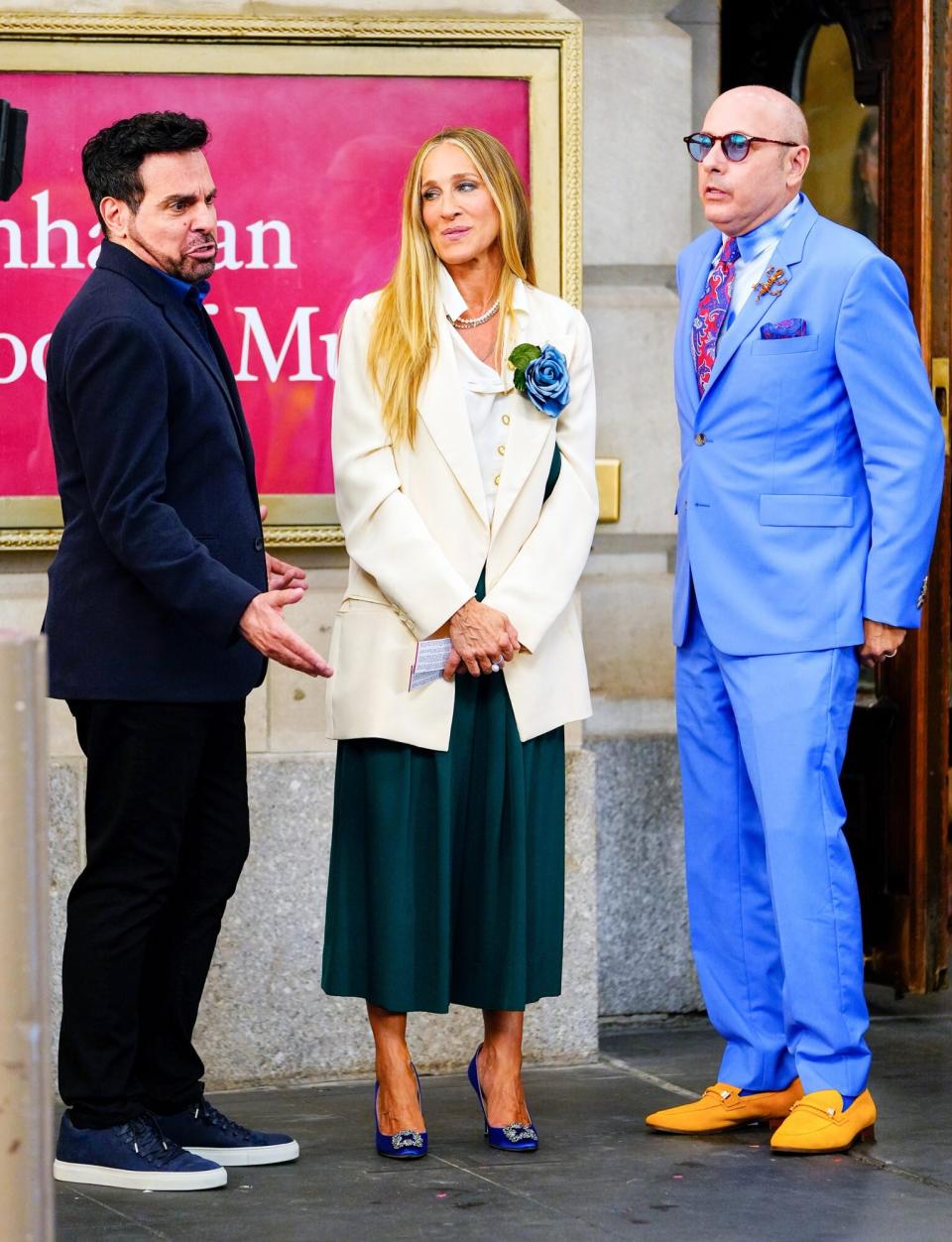 Mario Cantone, Sarah Jessica Parker and Willie Garson are seen filming "And Just Like That..." the follow up series to "Sex and the City" on July 23, 2021 in New York City.