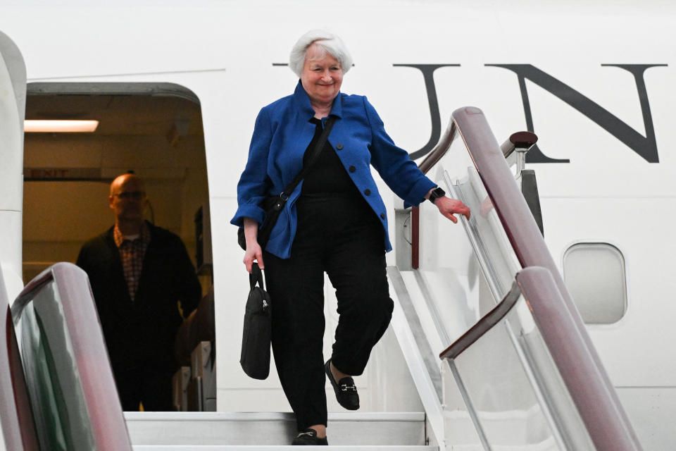 US Treasury Secretary Janet Yellen disembarks from a plane upon her arrival at the Baiyun International Airport in southern China's city of Guangzhou on April 4, 2024. (Photo by Pedro Pardo / AFP) (Photo by PEDRO PARDO/AFP via Getty Images)