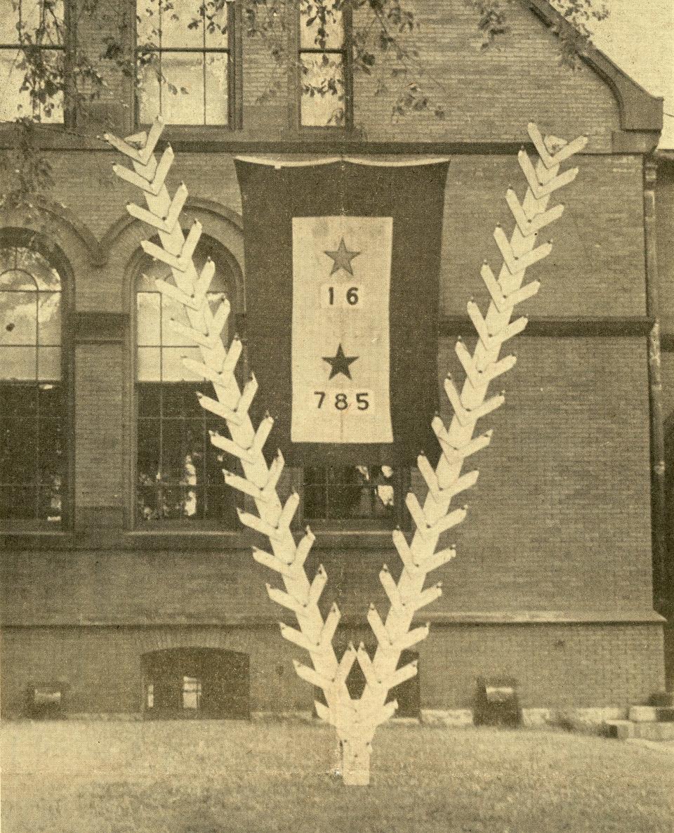 Victory over Japan day in Exeter was celebrated for two solid days. On the afternoon of August 14th, veterans of World War I erected a huge, lighted V for Victory on the lawn of the Rockingham County Courthouse on Front Street.