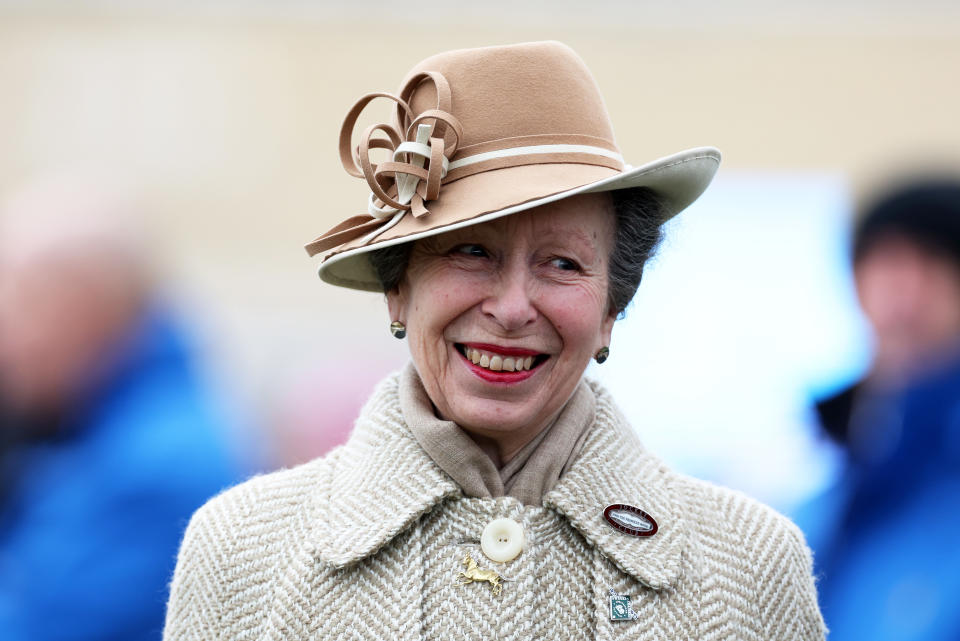 CHELTENHAM, ENGLAND - MARCH 13: Anne, Princess Royal looks on following the Gallagher Novices Hurdle during day two of the Cheltenham Festival 2024 at Cheltenham Racecourse on March 13, 2024 in Cheltenham, England. (Photo by Michael Steele/Getty Images)