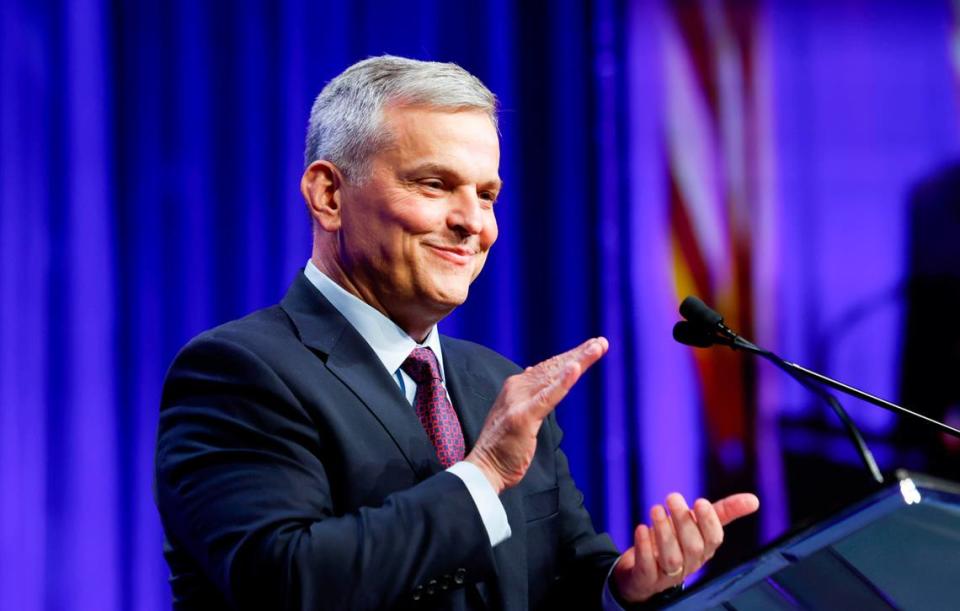 Attorney General Josh Stein, the Democratic candidate for governor, recognizes other candidates during the North Carolina Democratic Party Unity Dinner at the Raleigh Convention Center Saturday, July 20, 2024.