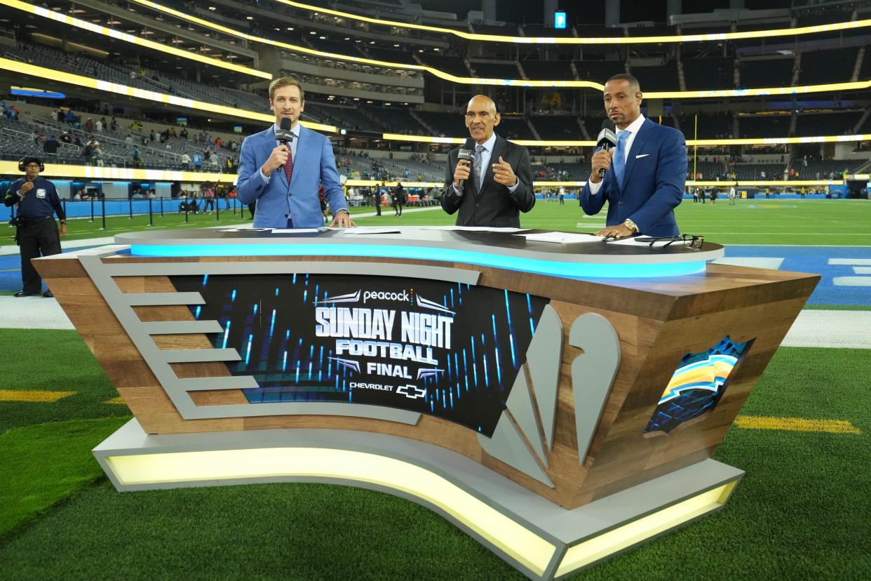 Jac Collinsworth (left), Tony Dungy (center) and Rodney Harrison on the Sunday Night Football Final set at SoFi Stadium.