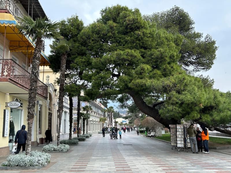 People walk along the promenade in the Crimean seaside resort of Yalta, which attracts tourists from Russia including in the colder months of the year thanks to its subtropical climate. Ulf Mauder/dpa