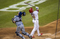 Washington Nationals Yan Gomes (10) and New York Mets catcher Tomás Nido (3) follow the ball as Gomes hit a foul ball during the third inning of a baseball game in Washington, Tuesday, Aug. 4, 2020. Nido missed the catch. (AP Photo/Manuel Balce Ceneta)