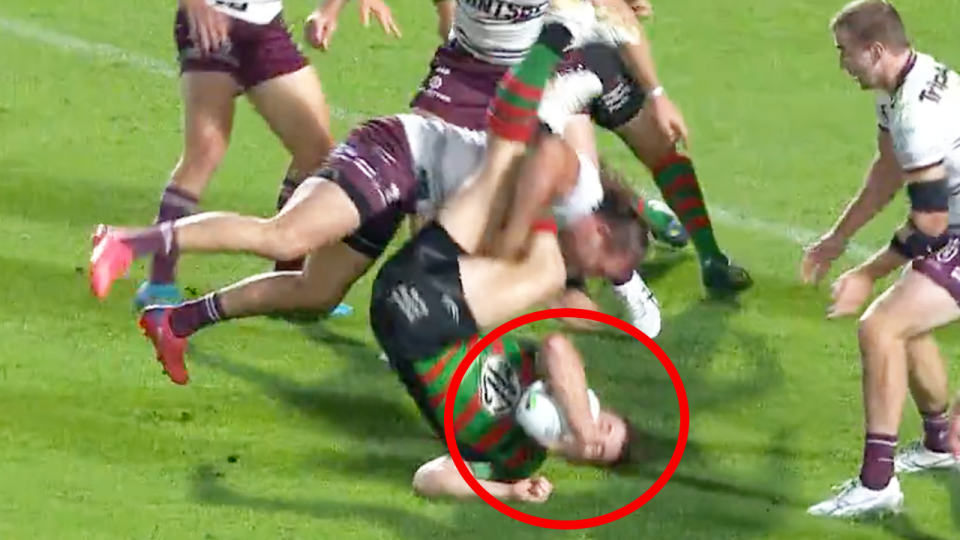 Manly's Karl Lawton (pictured) spear tackles Cameron Murray.