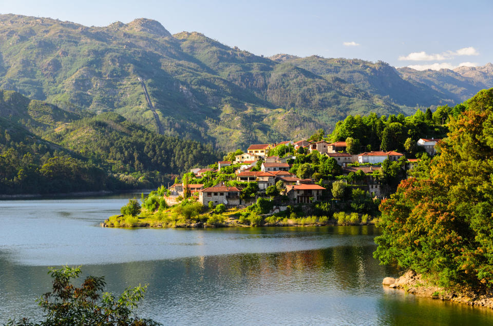 scenic view of Cavado river and Peneda-Geres National Park in northern Portugal.