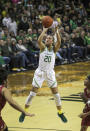 Oregon's Sabrina Ionescu shoots against Washington State in an NCAA college basketball game in Eugene, Ore., Friday, Feb. 28, 2020. (AP Photo/Collin Andrew)
