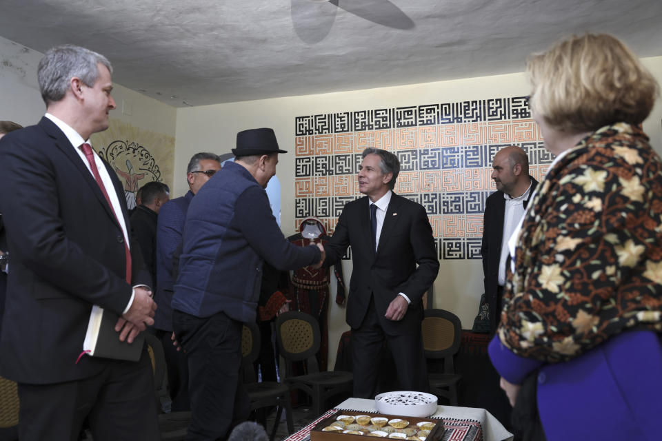 U.S. Secretary of State Antony Blinken, center, meets representatives of the Palestinian civil society in Ramallah in the occupied West Bank, on Tuesday, Jan. 31, 2023. Blinken is wrapping up a two-day visit to Israel and the West Bank with renewed appeals for Israeli-Palestinian calm amid an alarming spike of violence. (Ronaldo Schemidt/Pool Photo via AP)