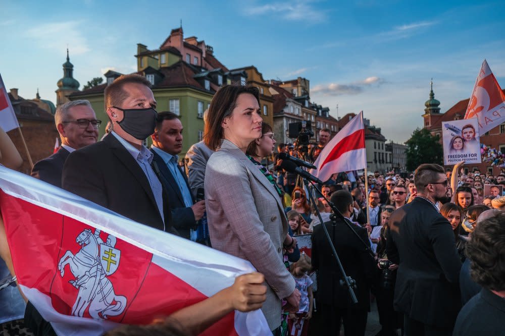 Belarus's exiled opposition leader Sviatlana Tsikhanouskaya delivers a speech in Warsaw, Poland on June 3, 2021.<span class="copyright">Omar Marques—Getty Images</span>