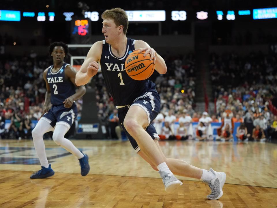 Yale Bulldogs' Danny Wolf drives to the basket against the Auburn Tigers during the second half in the first round of the NCAA tournament at Spokane Veterans Memorial Arena, March 22, 2024 in Spokane, Wash.