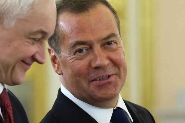 Russia&#x002019;s former leader Dmitry Medvedev, a President Putin ally who is now deputy chairman of the country&#x002019;s security council, is seen before a meeting on 21 March 2023 (SPUTNIK/AFP via Getty Images)