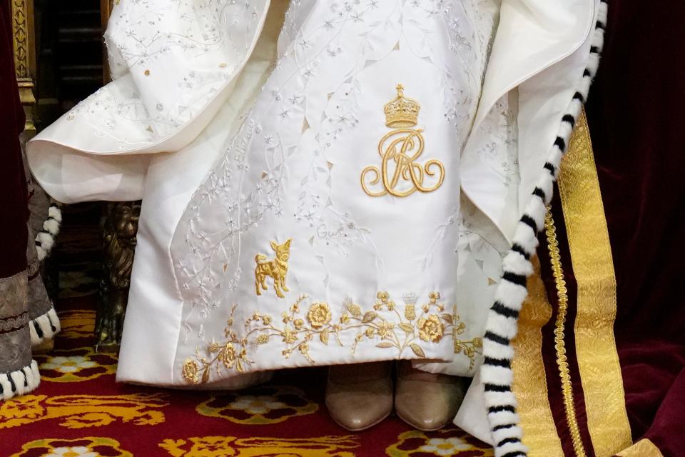 A close up of the detail on Queen Camilla's dress during the State Opening of Parliament on Nov. 7, 2023.