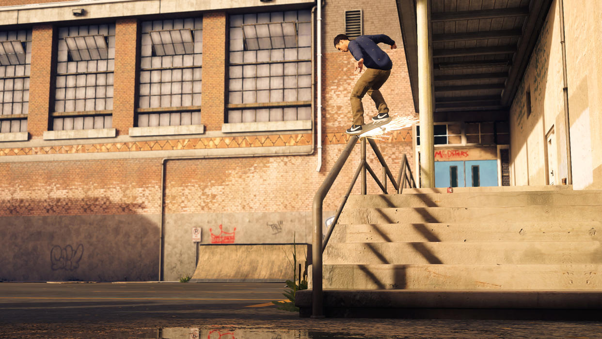  A skater in Tony Hawk's Pro Skater 1 and 2 hits a sick grind on a rail. 