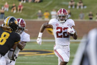 Alabama running back Najee Harris runs the ball during the first quarter of an NCAA college football game against Missouri, Saturday, Sept. 26, 2020, in Columbia, Mo. (AP Photo/L.G. Patterson)