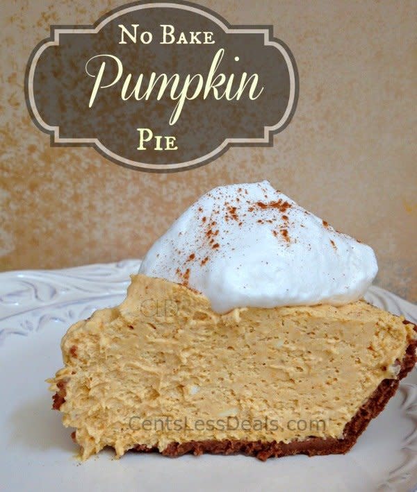 Another option that doesn't need the oven, this one uses a healthy dose of Cool Whip and elbow grease (for the stirring, of course).  <a href="http://centslessdeals.com/2013/09/bake-pumpkin-pie-recipe.html/" target="_blank">Find the recipe at Cents Less Deals</a>.
