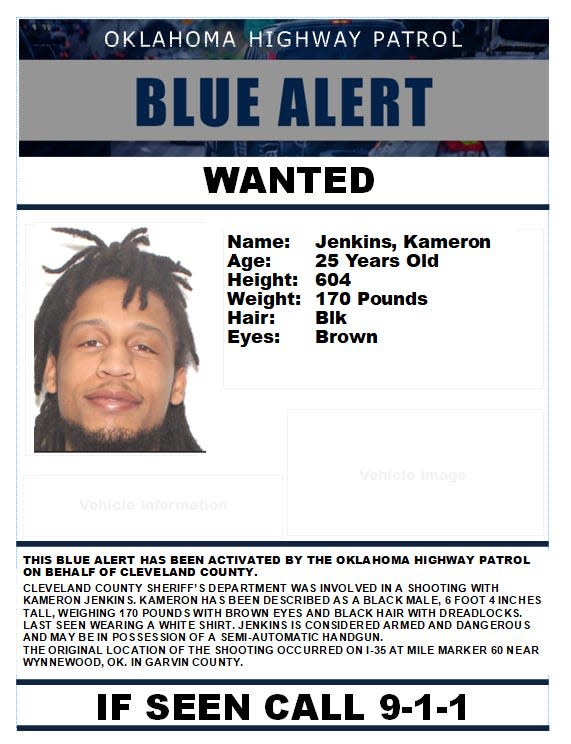 A "Blue Alert" wanted poster for Kameron Jenkins. Jenkins was found dead after a nearly weeklong manhunt.