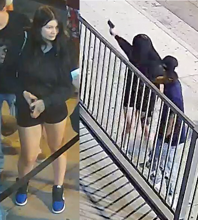 One photo showing a woman in a long-sleeve black top, black shorts, black white and blue sneakers and with dark hair. A second photo showing the same woman pointing a gun while standing next to another person in long pants, a T shirt and a cap