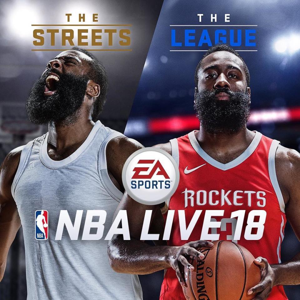 James Harden gets loud and stays quiet on the cover of ‘NBA Live 18.’ (EA Sports)