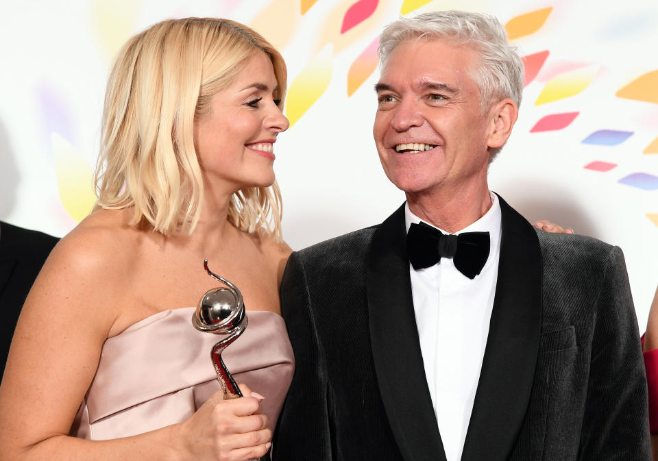 LONDON, ENGLAND - JANUARY 28: Holly Willoughby and Phillip Schofield pose with the award for Live Magazine Show for 'This Morning' in the winners room attends the National Television Awards 2020 at The O2 Arena on January 28, 2020 in London, England. (Photo by Gareth Cattermole/Getty Images)
