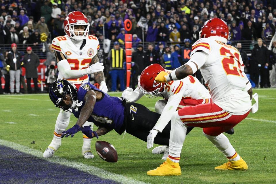 Baltimore Ravens wide receiver Zay Flowers (4) fumbles into the end zone for a touchback against the Kansas City Chiefs during the second half of the AFC Championship NFL football game, Sunday, Jan. 28, 2024, in Baltimore. (AP Photo/Nick Wass)