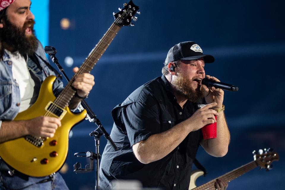 Luke Combs performs during his World Tour stop at Ford Field in Detroit on Saturday, April 22, 2023.