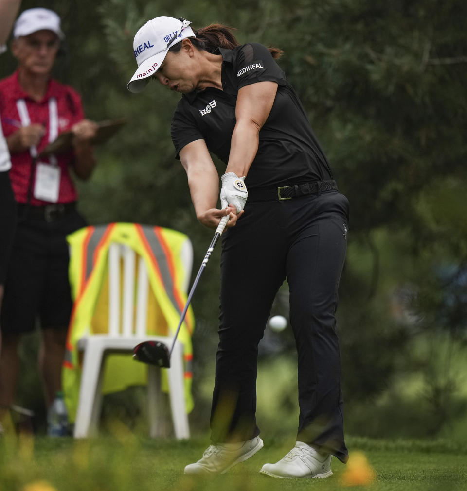 Sei Young Kim, of South Korea, hits her tee shot on the 18th hole during the second round of the CPKC Women’s Open golf tournament Friday, Aug. 25, 2023, in Vancouver, British Columbia. (Darryl Dyck/The Canadian Press via AP)