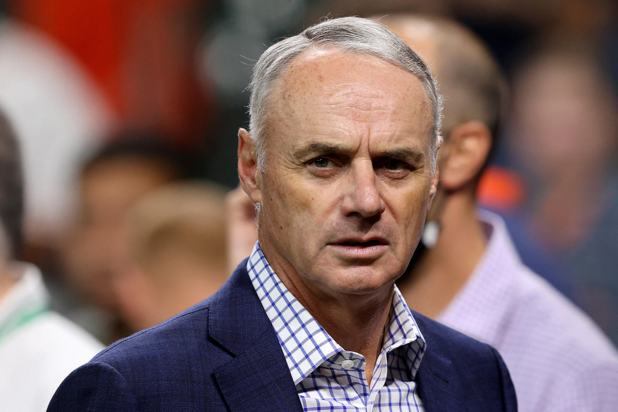 Commissioner Rob Manfred — seen here at the World Series in Houston — is leading his second collective bargaining agreement negotiation. This one will likely result in a work stoppage. (Photo by Bob Levey/Getty Images)