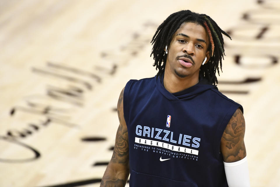 Ja Morant #12 of the Memphis Grizzlies warms up before Game Two of the Western Conference first-round playoff series against the Utah Jazz at Vivint Smart Home Arena on May 26, 2021 in Salt Lake City, Utah. NOTE TO USER: User expressly acknowledges and agrees that, by downloading and/or using this photograph, user is consenting to the terms and conditions of the Getty Images License Agreement. (Photo by Alex Goodlett/Getty Images)