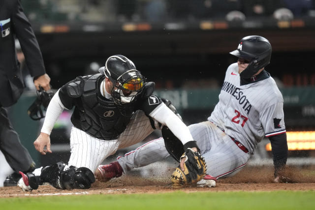 Eloy Jimenez of the Chicago White Sox reacts after striking out