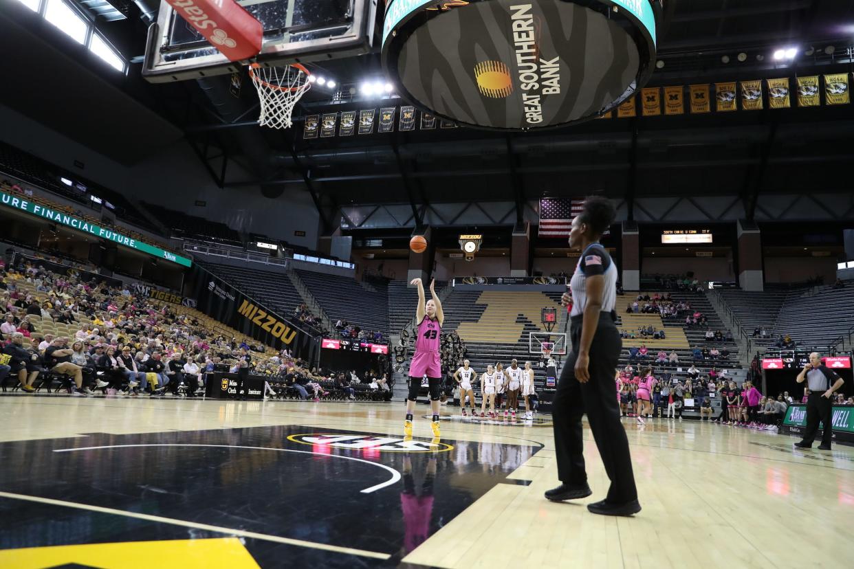 Missouri forward Hayley Frank takes one of her game-high 11 free throws during the Tigers' 76-69 loss to Alabama on Feb. 5, 2023, at Mizzou Arena in Columbia, Mo.