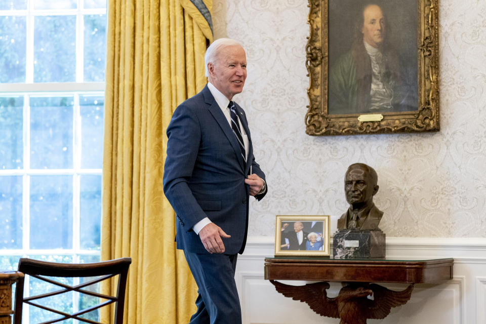 President Joe Biden leaves after signing the American Rescue Plan, a coronavirus relief package, in the Oval Office of the White House, Thursday, March 11, 2021, in Washington. (AP Photo/Andrew Harnik)