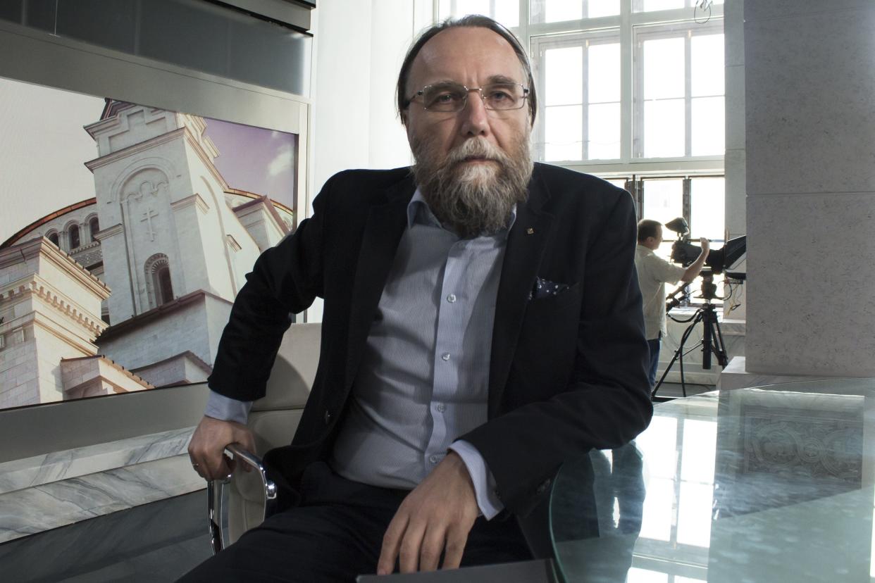 In this photo taken on Thursday, Aug. 11, 2016, Alexander Dugin, the neo-Eurasianist ideologue, sits in his TV studio in central Moscow, Russia. The daughter of this Russian nationalist ideologist who is often referred to as “Putin's brain”, was killed when her car exploded on the outskirts of Moscow, officials said Sunday, Aug. 21, 2022.