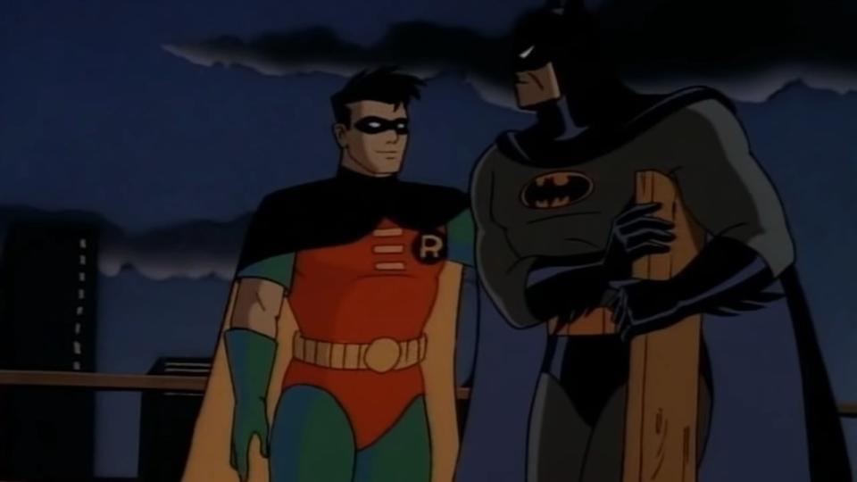 Robin and Batman standing together on a pier in "Batman: The Animated Series"