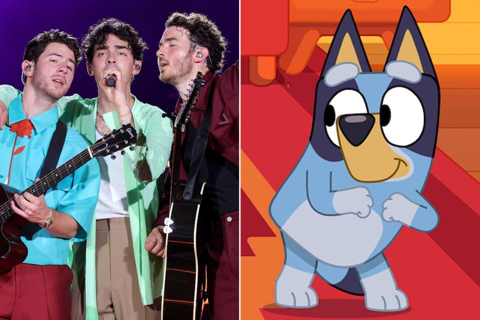 <p>Kevin Mazur/Getty; Disney+</p> (L-R) Jonas Brothers, Bluey