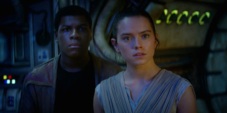 John Boyega and Daisy Ridley in Star Wars: The Force Awakens. Image via Lucasfilm 