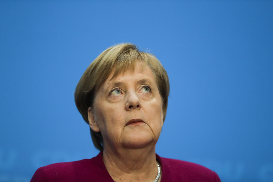 German Christian Democratic Party, CDU, chairwoman and Chancellor Angela Merkel looks up during a news conference after a party's leaders meeting at the headquarters the in Berlin, Germany, Monday, Oct. 29, 2018. (AP Photo/Markus Schreiber)