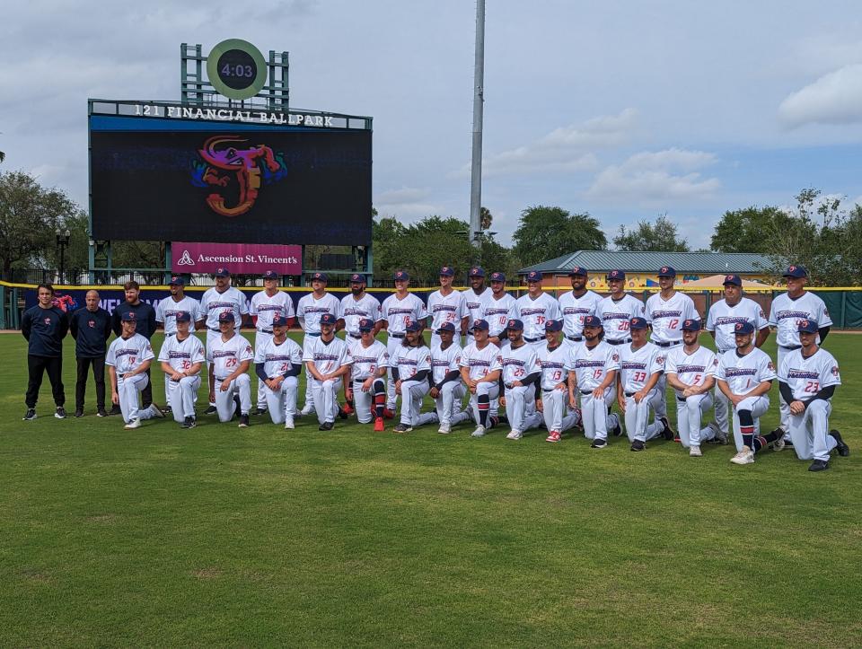 Jacksonville Jumbo Shrimp players and coaches are pictured during Media Day at 121 Financial Ballpark on March 29, 2023. [Clayton Freeman/Florida Times-Union]