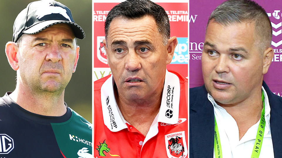 Anthony Seibold, Jason Demetriou and Shane Flanagan, pictured here in the NRL.