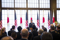 Commander of the U.S. Forces in Japan Lieutenant General Kevin Schneider delivers his speech during the 60th anniversary commemorative reception of the signing of the Japan-U.S. security treaty at Sunday, Jan. 19, 2020. (Behrouz Mehri/Pool Photo via AP)