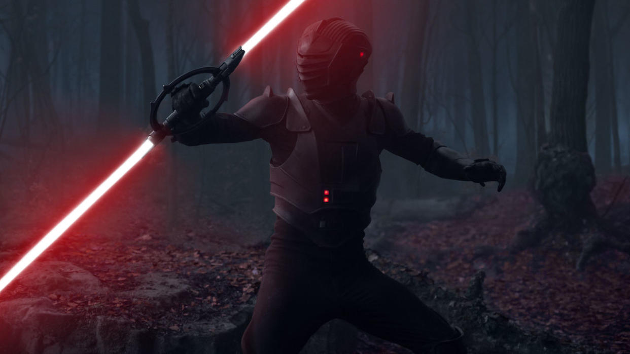  Inquisitor Marek wielding his two-bladed red lightsaber 