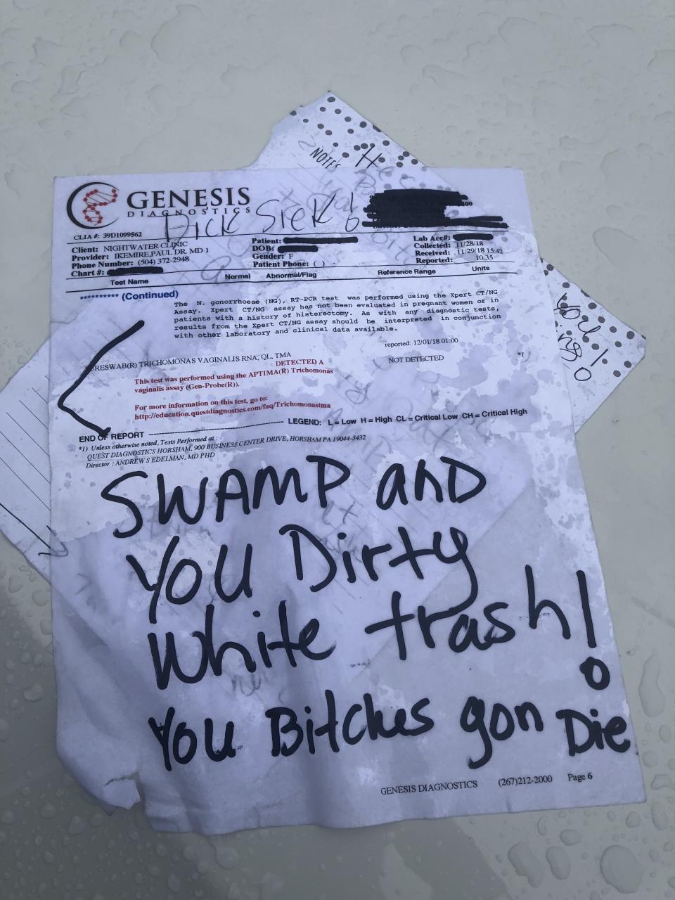 A medical document left along with a note on the windshield of a New Orleans musician’s car in a case of mistaken identity. (Photo: Willy Murry)