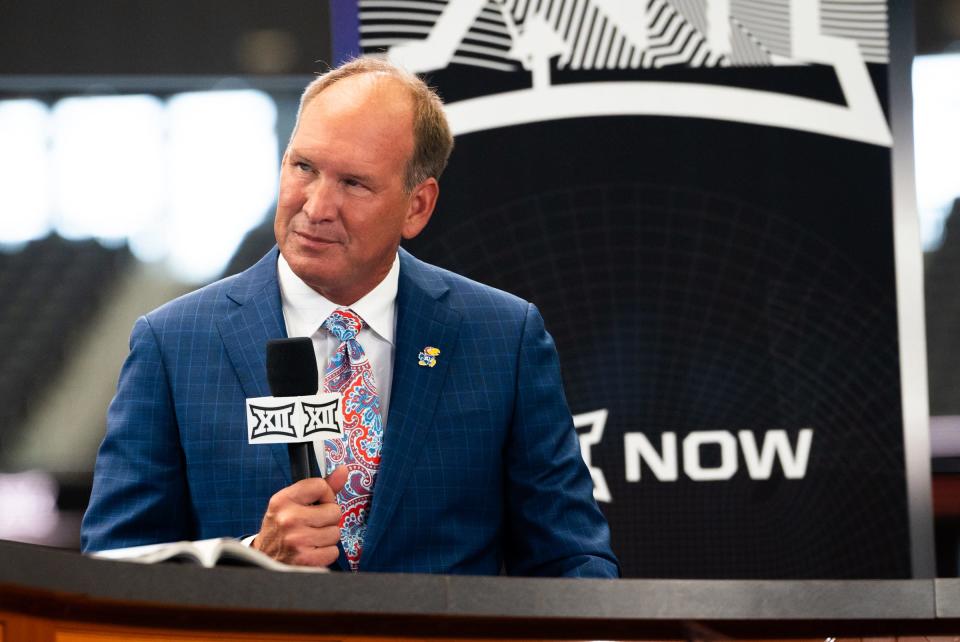 University of Kansas Head Coach Lance Leipold does an interview with ESPN during the first day of Big 12 Media Days in AT&T Stadium in Arlington, Texas, July 12, 2023. 