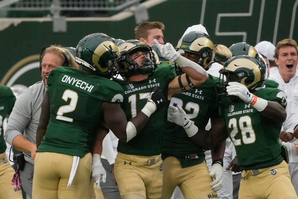 Sep 10, 2022; Fort Collins, Colorado, USA; Colorado State Rams defensive back Jack Howell (17) celebrates a late interception  at Sonny Lubick Field at Canvas Stadium. Mandatory Credit: Michael Madrid-USA TODAY Sports